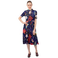 Festive Floral Pattern Christmas Blue Floral Flower Foliage Leaves Pattern Red Snow Winter Keyhole Neckline Chiffon Dress