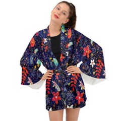 Festive Floral Pattern Christmas Blue Floral Flower Foliage Leaves Pattern Red Snow Winter Long Sleeve Kimono by Maspions