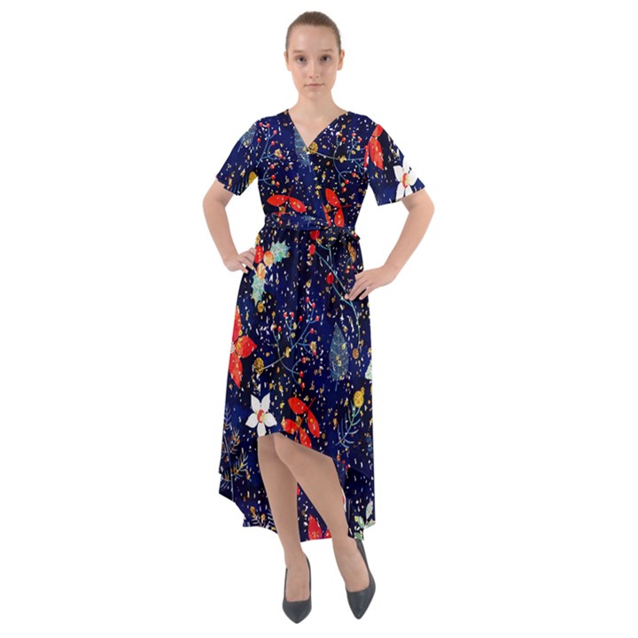 Festive Floral Pattern Christmas Blue Floral Flower Foliage Leaves Pattern Red Snow Winter Front Wrap High Low Dress