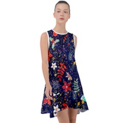 Festive Floral Pattern Christmas Blue Floral Flower Foliage Leaves Pattern Red Snow Winter Frill Swing Dress