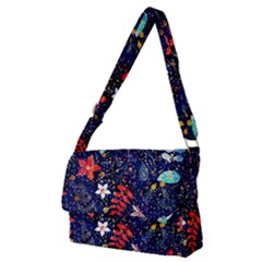 Festive Floral Pattern Christmas Blue Floral Flower Foliage Leaves Pattern Red Snow Winter Full Print Messenger Bag (m)