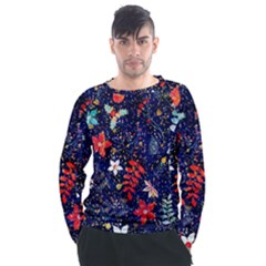 Festive Floral Pattern Christmas Blue Floral Flower Foliage Leaves Pattern Red Snow Winter Men s Long Sleeve Raglan T-shirt