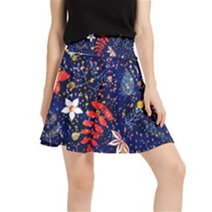 Festive Floral Pattern Christmas Blue Floral Flower Foliage Leaves Pattern Red Snow Winter Waistband Skirt