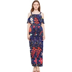 Festive Floral Pattern Christmas Blue Floral Flower Foliage Leaves Pattern Red Snow Winter Draped Sleeveless Chiffon Jumpsuit