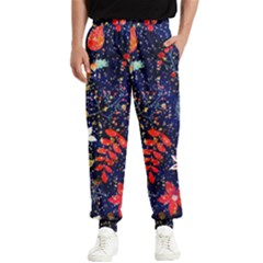 Festive Floral Pattern Christmas Blue Floral Flower Foliage Leaves Pattern Red Snow Winter Men s Elastic Waist Pants