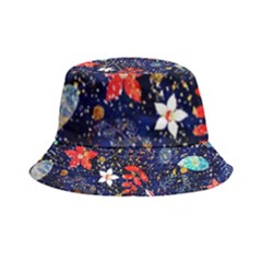 Festive Floral Pattern Christmas Blue Floral Flower Foliage Leaves Pattern Red Snow Winter Inside Out Bucket Hat