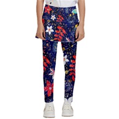 Festive Floral Pattern Christmas Blue Floral Flower Foliage Leaves Pattern Red Snow Winter Kids  Skirted Pants