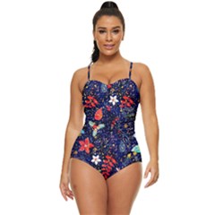 Festive Floral Pattern Christmas Blue Floral Flower Foliage Leaves Pattern Red Snow Winter Retro Full Coverage Swimsuit