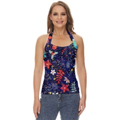 Festive Floral Pattern Christmas Blue Floral Flower Foliage Leaves Pattern Red Snow Winter Basic Halter Top