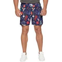 Festive Floral Pattern Christmas Blue Floral Flower Foliage Leaves Pattern Red Snow Winter Men s Runner Shorts