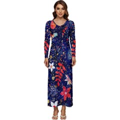 Festive Floral Pattern Christmas Blue Floral Flower Foliage Leaves Pattern Red Snow Winter Long Sleeve Longline Maxi Dress