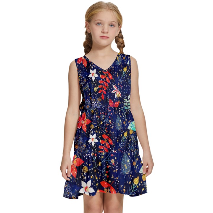 Festive Floral Pattern Christmas Blue Floral Flower Foliage Leaves Pattern Red Snow Winter Kids  Sleeveless Tiered Mini Dress