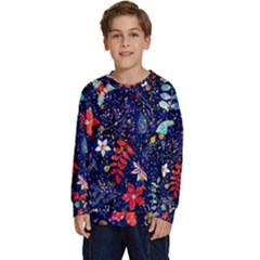 Festive Floral Pattern Christmas Blue Floral Flower Foliage Leaves Pattern Red Snow Winter Kids  Crewneck Sweatshirt