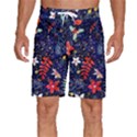 Festive Floral Pattern Christmas Blue Floral Flower Foliage Leaves Pattern Red Snow Winter Men s Beach Shorts View1