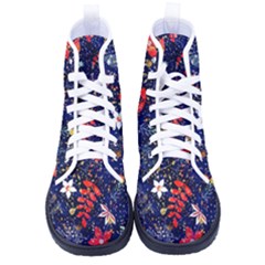 Festive Floral Pattern Christmas Blue Floral Flower Foliage Leaves Pattern Red Snow Winter Kid s High-top Canvas Sneakers