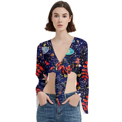 Festive Floral Pattern Christmas Blue Floral Flower Foliage Leaves Pattern Red Snow Winter Trumpet Sleeve Cropped Top by Maspions