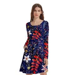 Festive Floral Pattern Christmas Blue Floral Flower Foliage Leaves Pattern Red Snow Winter Long Sleeve Knee Length Skater Dress With Pockets