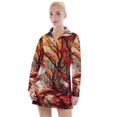 Forest Path Red Nature Women s Long Sleeve Casual Dress