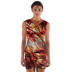 Forest Path Red Nature Wrap Front Bodycon Dress