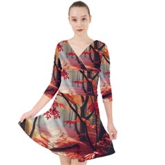 Forest Path Red Nature Quarter Sleeve Front Wrap Dress