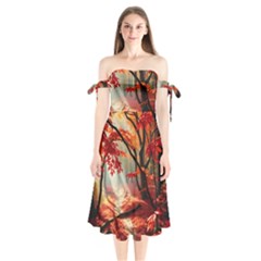 Forest Path Red Nature Shoulder Tie Bardot Midi Dress