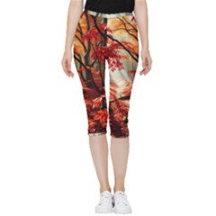 Forest Path Red Nature Inside Out Lightweight Velour Capri Leggings  by Bedest