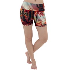 Forest Path Red Nature Lightweight Velour Yoga Shorts by Bedest