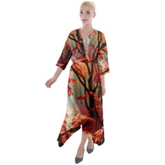 Forest Path Red Nature Quarter Sleeve Wrap Front Maxi Dress by Bedest