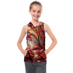 Forest Path Red Nature Kids  Sleeveless Hoodie by Bedest