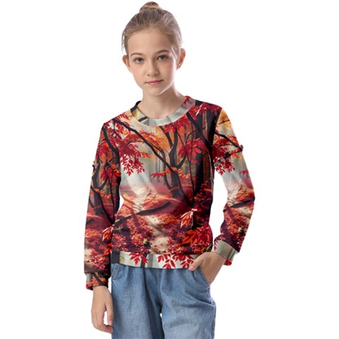 Forest Path Red Nature Kids  Long Sleeve T-shirt With Frill  by Bedest