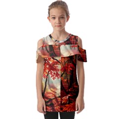 Forest Path Red Nature Fold Over Open Sleeve Top