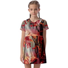 Forest Path Red Nature Kids  Asymmetric Collar Dress