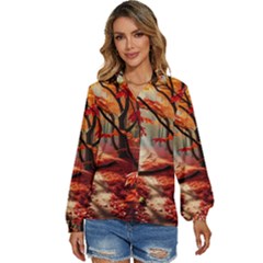 Forest Path Red Nature Women s Long Sleeve Button Up Shirt