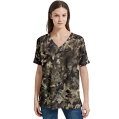 Camouflage Army Survival Uniform V-neck Split Shoulder Casual T-shirt by Posterlux