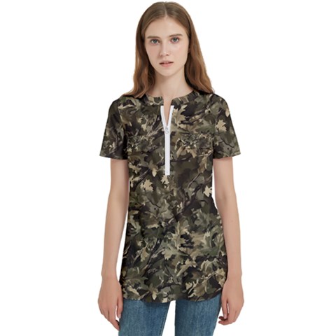 Camouflage Army Survival Uniform Women s Zip Front V-neck Short Sleeve Casual Top Pocket Shirt by Posterlux