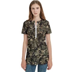 Camouflage Army Survival Uniform Women s Zip Front V-neck Short Sleeve Casual Top Pocket Shirt