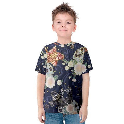 Japanese Wave Koi Illustration Pattern Kids  Cotton T-shirt by Ndabl3x