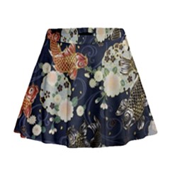 Japanese Wave Koi Illustration Pattern Mini Flare Skirt