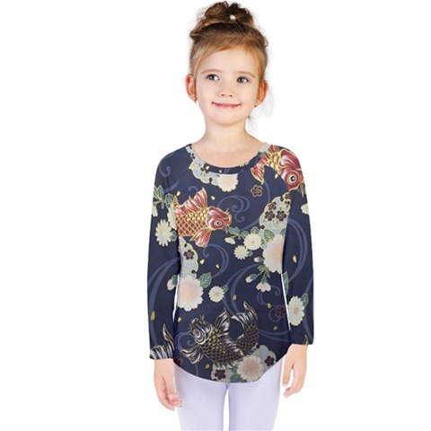 Japanese Wave Koi Illustration Pattern Kids  Long Sleeve T-shirt by Ndabl3x