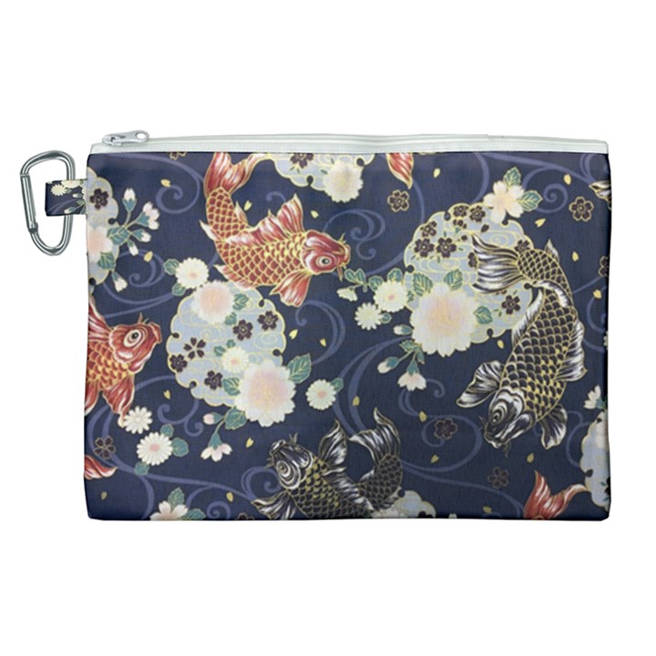 Japanese Wave Koi Illustration Pattern Canvas Cosmetic Bag (XL)