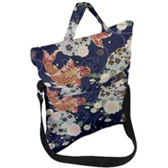 Japanese Wave Koi Illustration Pattern Fold Over Handle Tote Bag