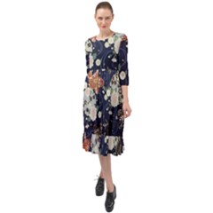 Japanese Wave Koi Illustration Pattern Ruffle End Midi Chiffon Dress