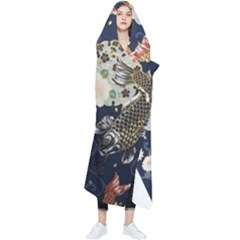 Japanese Wave Koi Illustration Pattern Wearable Blanket