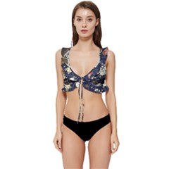 Japanese Wave Koi Illustration Pattern Low Cut Ruffle Edge Bikini Top