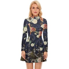 Japanese Wave Koi Illustration Pattern Long Sleeve Velour Longline Dress