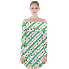 Christmas Paper Stars Pattern Texture Background Colorful Colors Seamless Long Sleeve Off Shoulder Dress