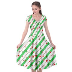 Christmas Paper Stars Pattern Texture Background Colorful Colors Seamless Cap Sleeve Wrap Front Dress by Ket1n9