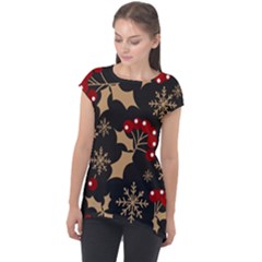 Christmas Pattern With Snowflakes Berries Cap Sleeve High Low Top