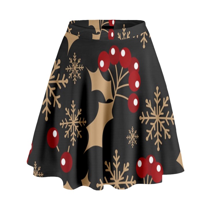 Christmas Pattern With Snowflakes Berries High Waist Skirt