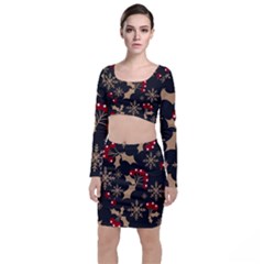 Christmas Pattern With Snowflakes Berries Long Sleeve Crop Top & Bodycon Skirt Set by Ket1n9